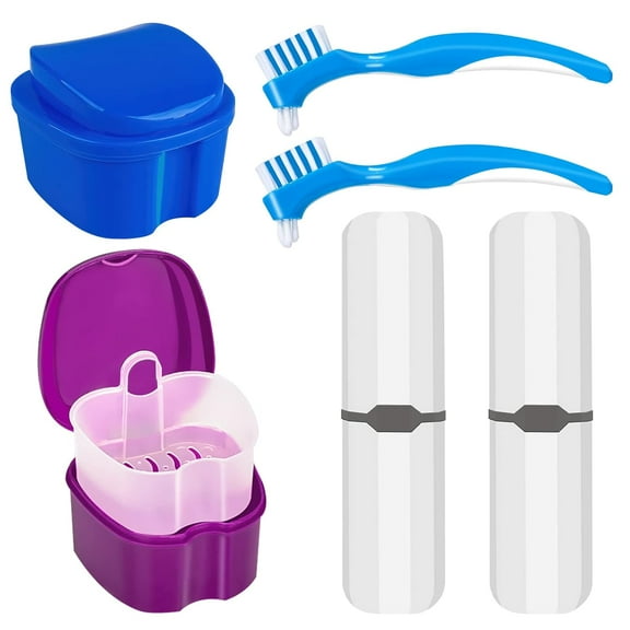 Denture Case Kit, 2 Denture Cup with 2 Denture Brush & 2 Portable Brush Box Denture Bath Cup with Strainer & Lid for Travel, Storage Soak Container Retainer Cleaner
