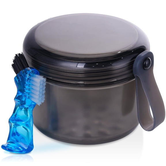 Denture Case, Leak Proof Denture Bath Cup for Travel, Denture Container Cups for Soaking Full & Partial Dentures, Retainers, Denture Cleaning Kit Holder Box with Denture Cleaner Brush