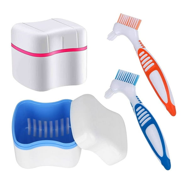 Denture Cleaner Box and Brush Set - 2 Pack Denture Bath Case with Basket + 2 Pack Denture Brush, Portable Denture Retainer Storage Box, False Teeth Brushes for Oral Care