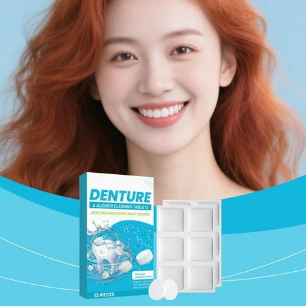 Denture Cleaner Tablets, Retainer Cleanser Tablets Invisalign Cleaner, Denture Cleaning Effervescent Tablets for Stubborn Stains Removal & Deep Cleaning, 12 Pieces Cleanser Tablets