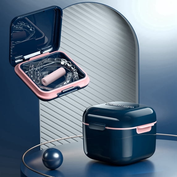 Denture Cup, Retainer Case, Cute Night Mouth Guard Box Holder, Storage Soak Container with Strainer basket for Travel Cleaning, 1 Pack