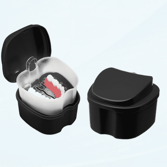 Denture Cup Retainer Cleaning Case Denture Soaking Container With Strainer Basket, Denture Cups For Soaking Dentures Mouthguard Storage Holder - Leak Proof And Lid Waterproof - Black