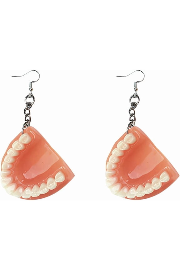 Denture Earrings - Resin Tooth Shaped Dangle Earrings - Peach and White - For Women, Style G3466