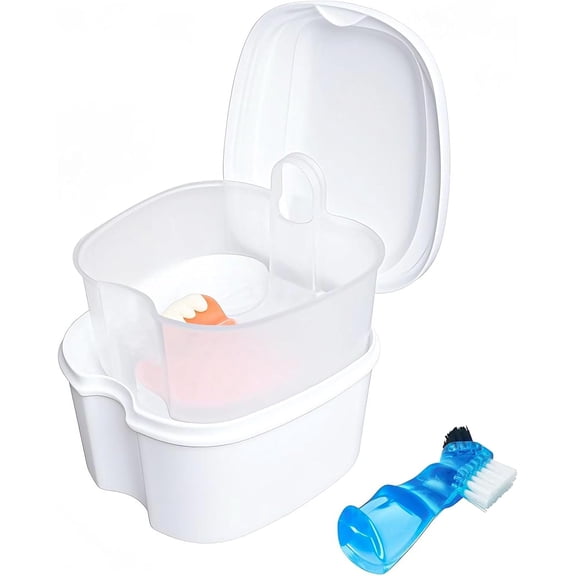 Denture Soaking Box Orthodontic Retainer Bath Case with Strainer Basket, False Teeth Container Dental Denture Bath Box Case Cup for Travel Cleaning - White