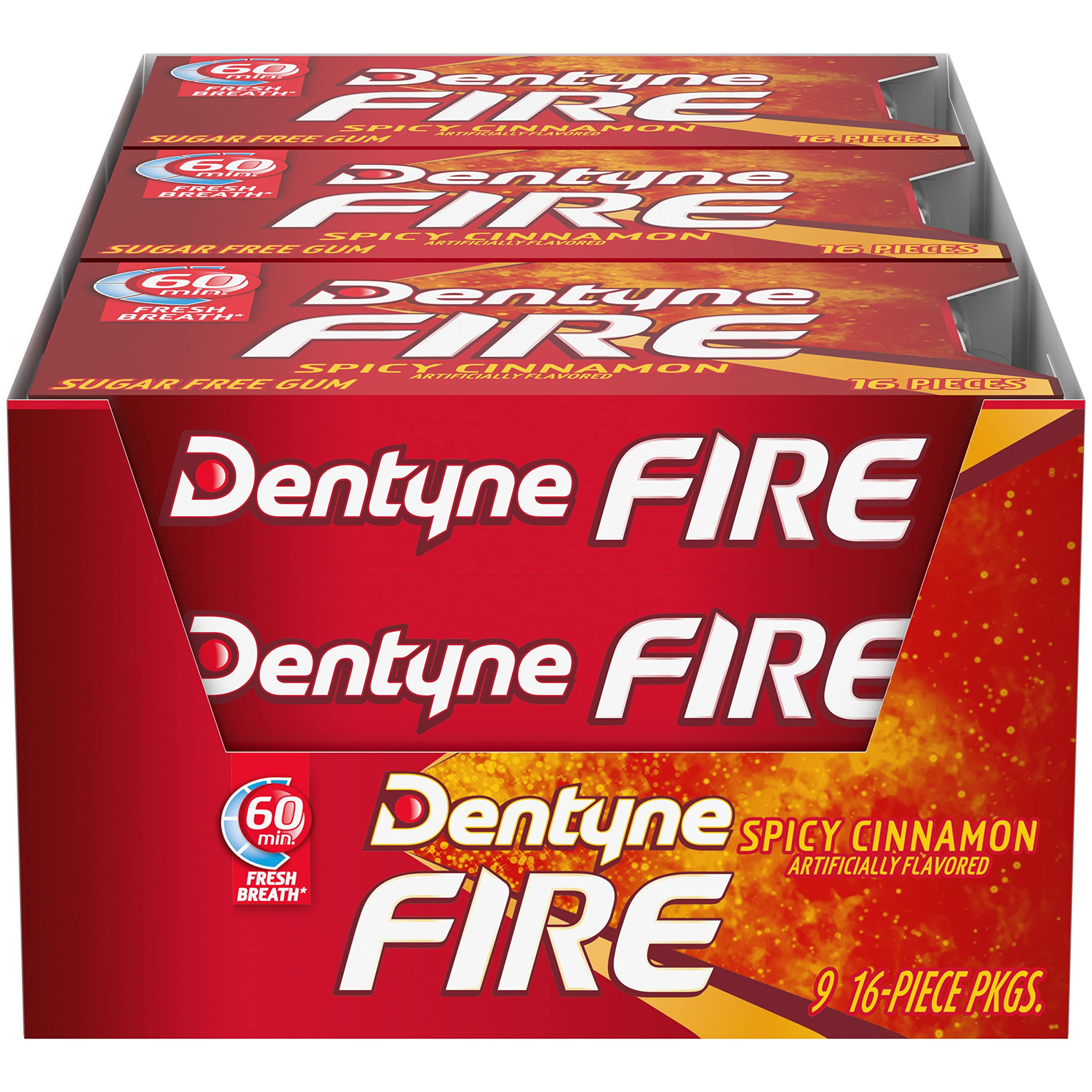 Dentyne Fire Spicy Cinnamon Sugar Free Gum, Pack of 9 (144 Total Pieces
