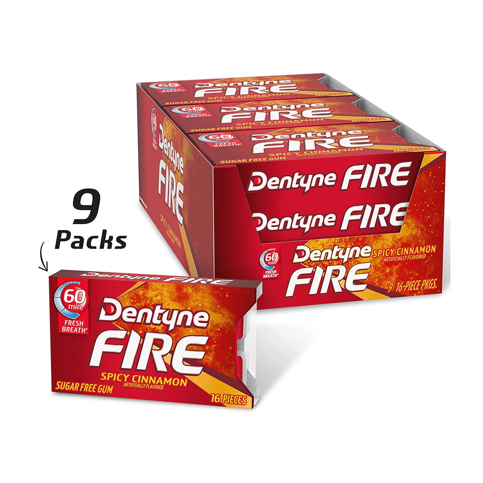 Dentyne Fire Sugar Free Gum Spicy Cinnamon, 16 CT (Pack Of 9)