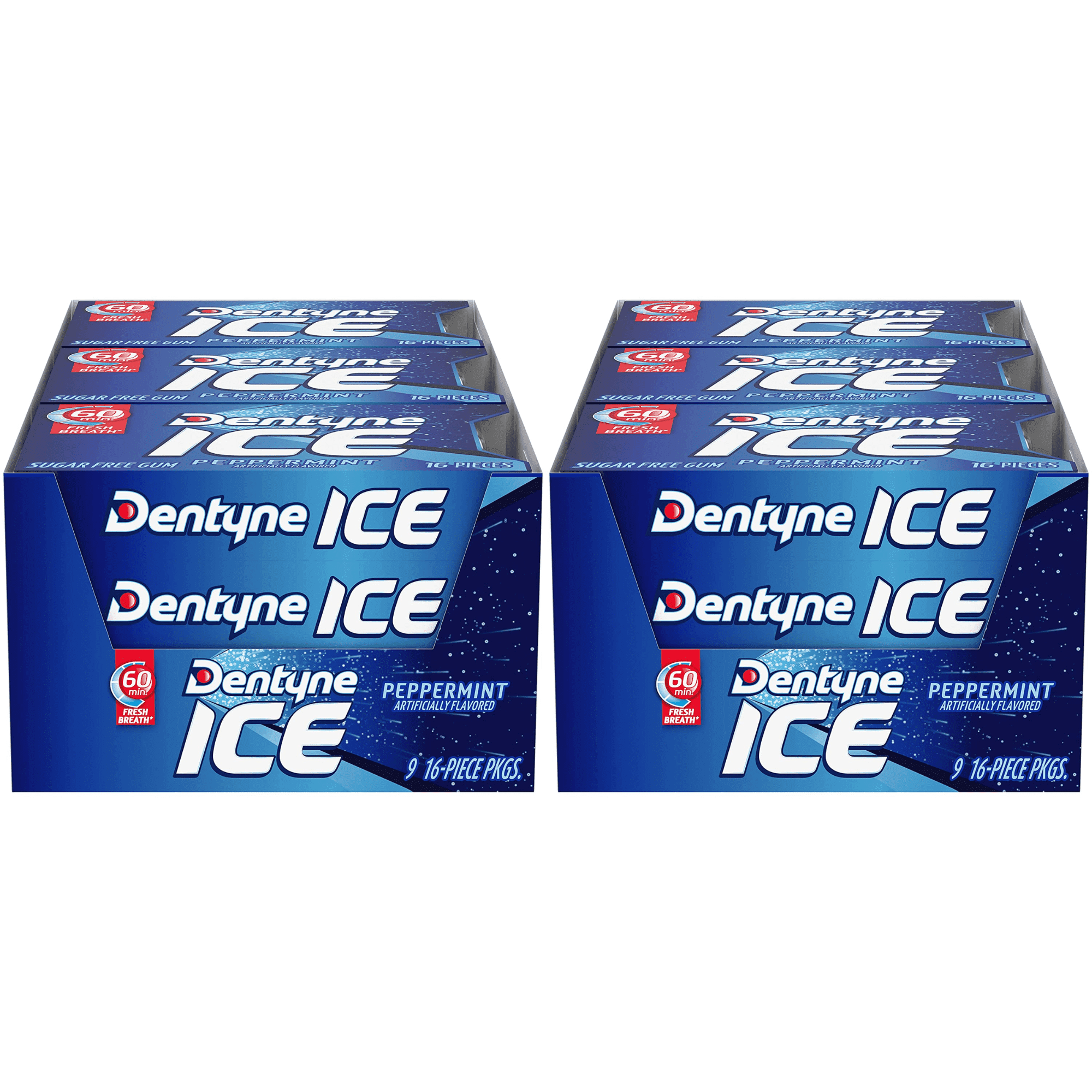 Dentyne Ice Peppermint Sugar Free Gum, 16 Piece Count Pack of 9 (144 Total Pieces) 2 Pack Boxes