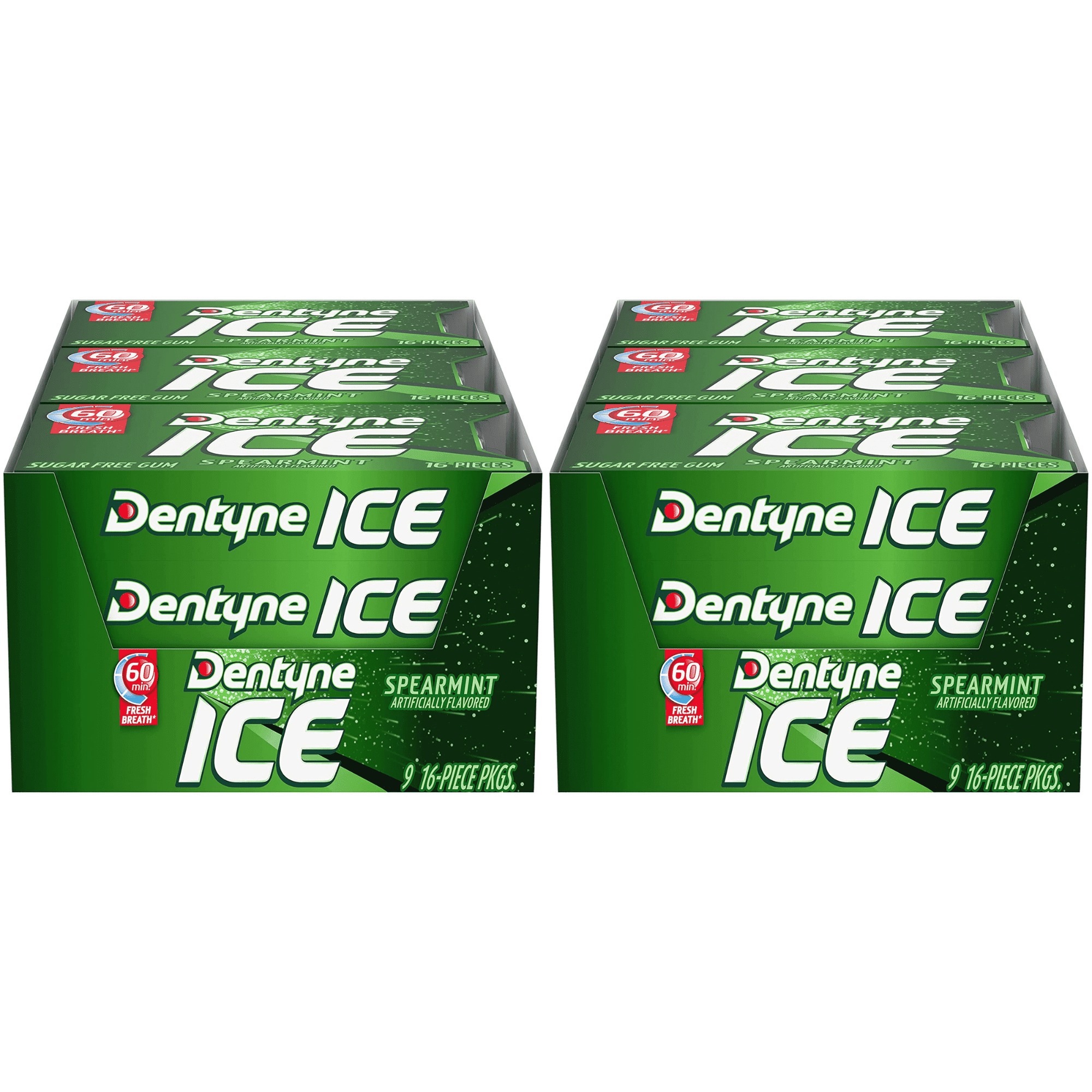 Dentyne Ice Spearmint Sugar Free Gum, 16 Piece Count Pack of 9 (144 Total Pieces) 2 Pack Boxes Bundle Double Up and Save