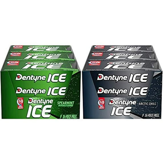 Dentyne Ice Sugar Free Gum (Spearmint 16 Piece Pack Of 9) & Ice Arctic Chill Sugar Free Gum, 9 Packs Of 16 Pieces (144 Total Pieces)