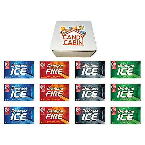 Dentyne Ice Sugar Free Gum, Variety Pack , 12 Packs of 16 Pieces By CANDY CABIN PEPPERMINT SPEARMINT ARCTIC FIRE