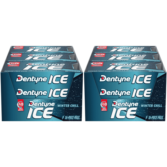 Dentyne Ice Winter Chill Sugar Free Gum, 16 Piece Count Pack of 9 (144 Total Pieces) 2 Pack Boxes Bundle Double Up and Save