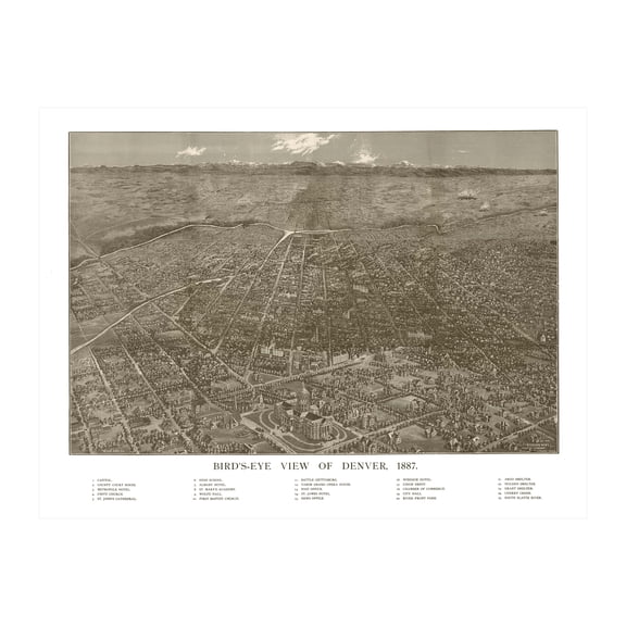 Denver Art, 1887 Vintage Map of Denver Colorado, CO History Wall Decor Gift, Old Denver Map - 36" x 24" Unframed Print