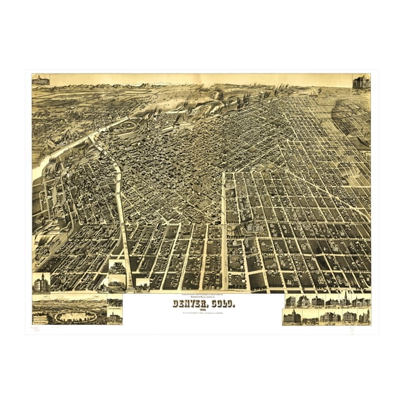 Denver Art, 1889 Vintage Map of Denver Colorado, CO History Wall Decor Gift, Old Denver Map - 36" x 24" Unframed Print