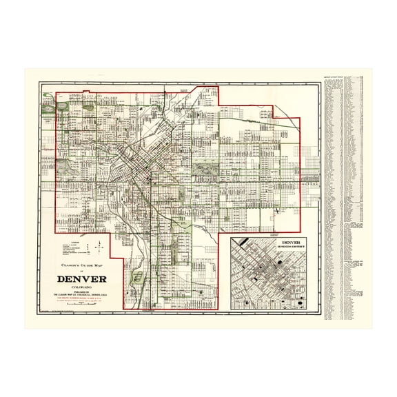 Denver Art, 1920 Vintage Map of Denver Colorado, CO History Wall Decor Gift, Old Denver Map - 24" x 18" Unframed Print