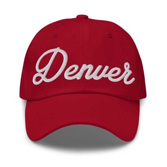 Denver Baseball Cap Denver Dad Hat Bold Script Colorado CO Hat Embroidered Souvenir Gift Cranberry
