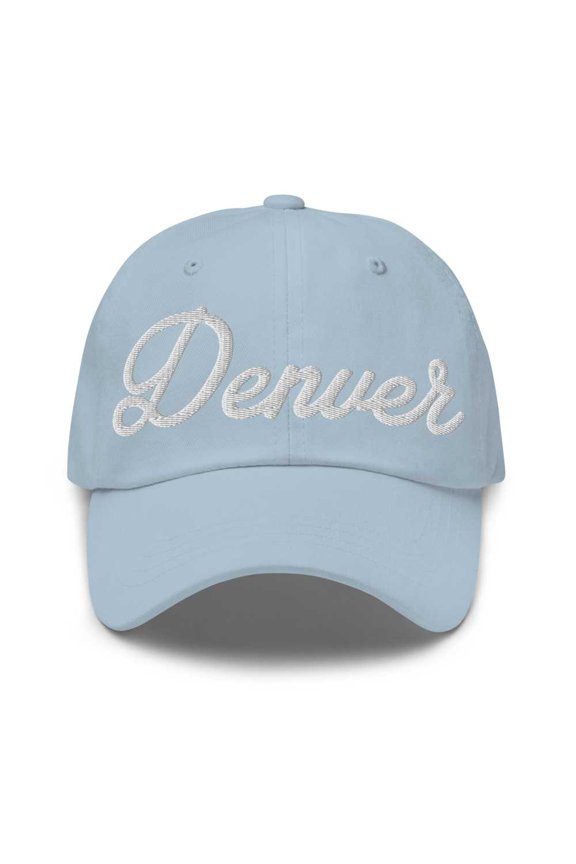 Denver Baseball Cap Denver Dad Hat Bold Script Colorado CO Hat Embroidered Souvenir Gift Light Blue