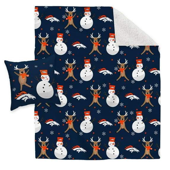 Denver Broncos Holiday Reindeer Blanket and Pillow Combo Set