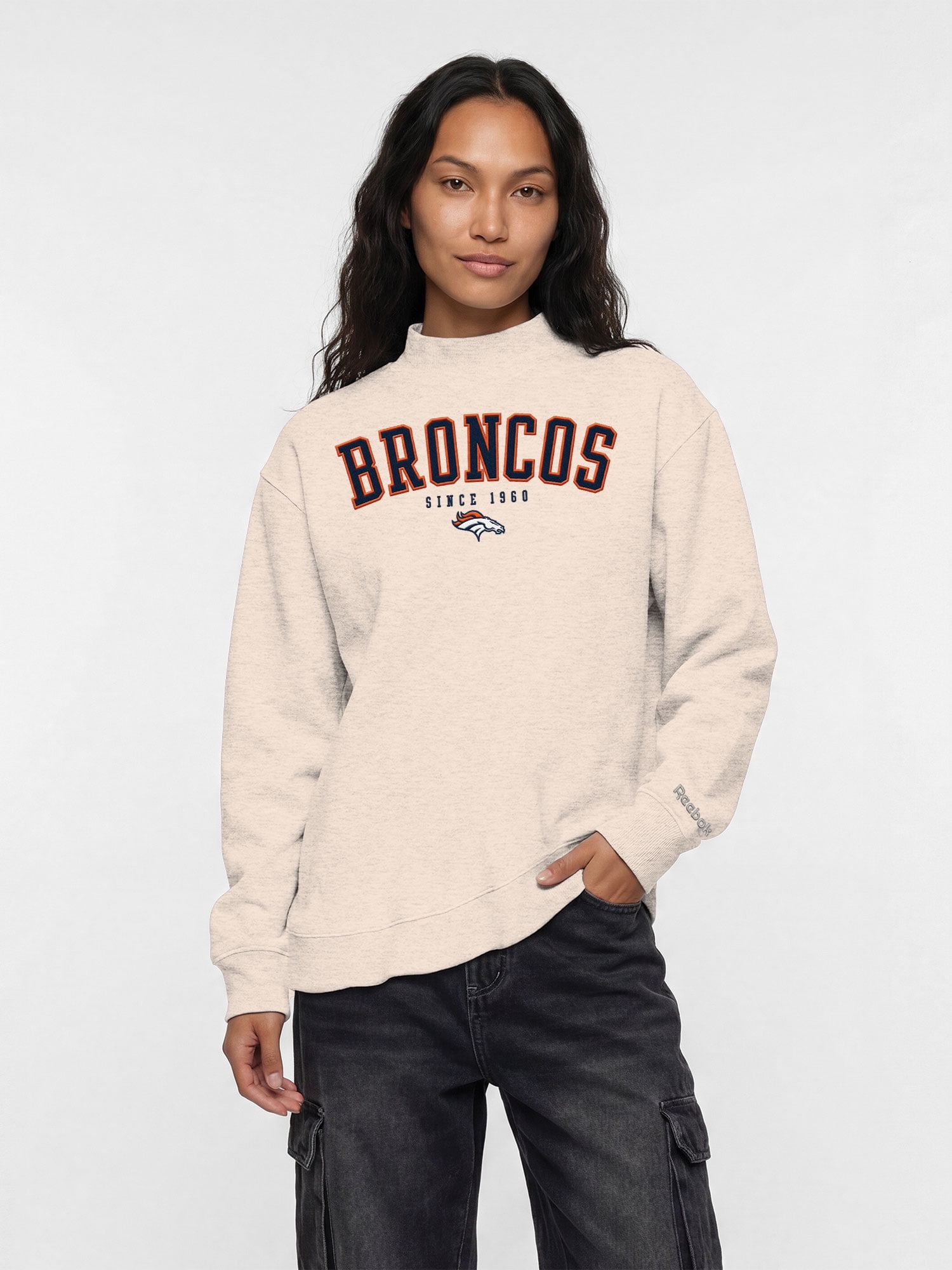 Denver Broncos Reebok Womens Oat Mock Neck Oversized Tunic Sweatshirt