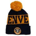 thumbnail image 1 of Denver City Name Three Stripe Circular Patch Pom Beanie Winter Hat (Dark Blue/Orange), 1 of 2