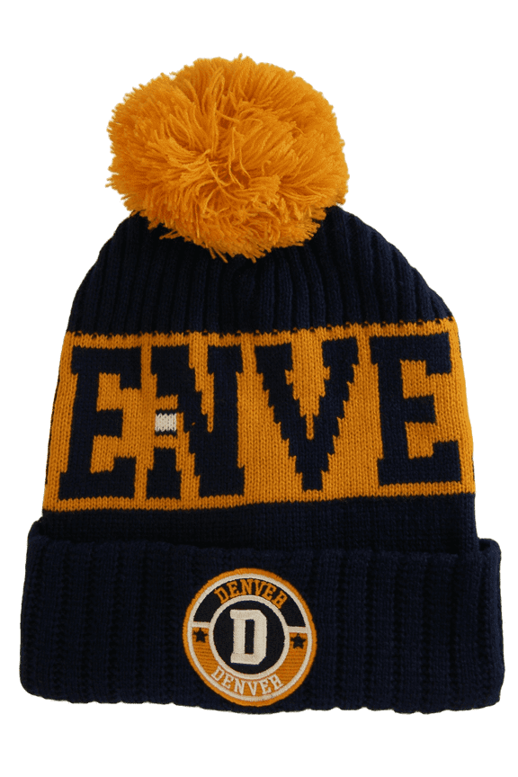 Denver City Name Three Stripe Circular Patch Pom Beanie Winter Hat (Dark Blue/Orange)