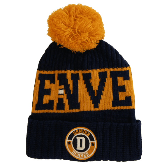 Denver City Name Three Stripe Circular Patch Pom Beanie Winter Hat (Dark Blue/Orange)