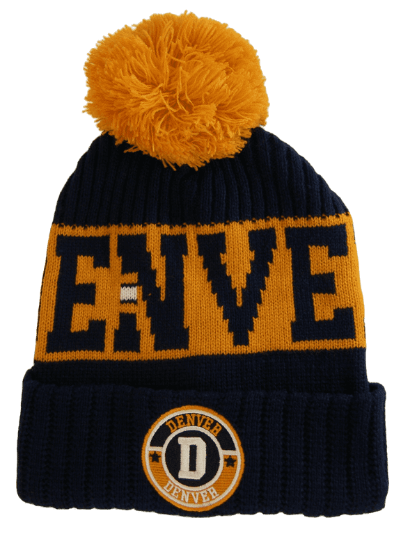 Denver City Name Three Stripe Circular Patch Pom Beanie Winter Hat (Dark Blue/Orange)