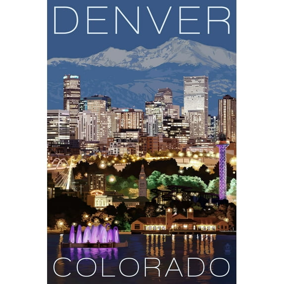 Denver, Colorado, Skyline at Night (36x54 Giclee Gallery Art Print, Vivid Textured Wall Decor)