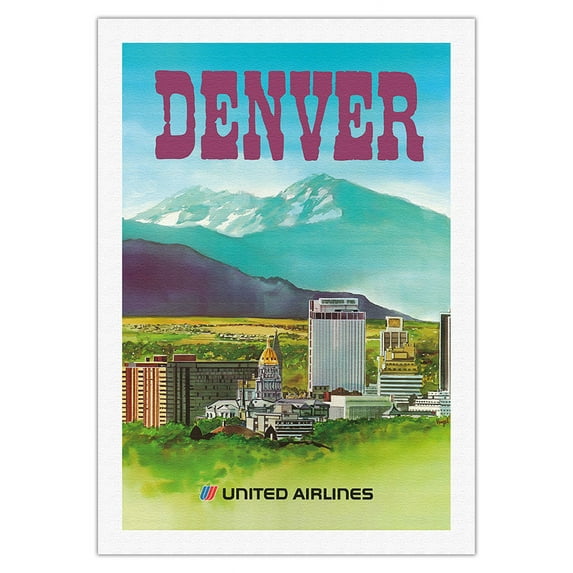 Denver Colorado - The Mile High City - United Air Lines - Vintage Airline Travel Poster by Michael Hagel c.1970s - Fine Art Rolled Canvas Print 27in x 40in