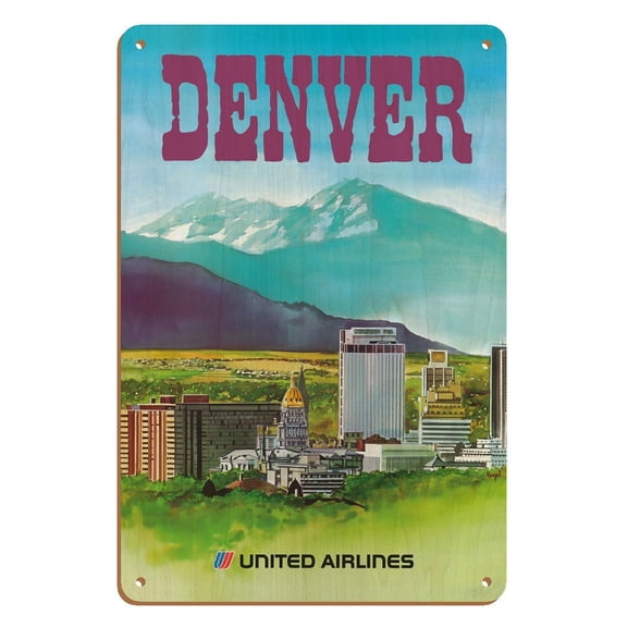 Denver Colorado - The Mile High City - United Air Lines - Vintage Airline Travel Poster by Michael Hagel c.1970s - 8 x 12 inch Vintage Wood Art Sign