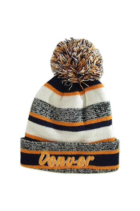 Denver Embroidered Winter Knit Pom Beanie Hat (Navy/Orange Script)