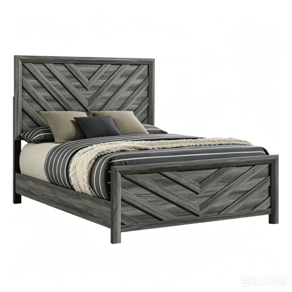 Denver Modern Style Queen Bed  Solid Wood Frame in Gray, Contemporary Platform Bed with Slats, Acacia Wood, Headboard Included, No Box Spring Required, Queen Size Bed Frame