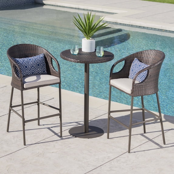 Denver Outdoor 3 Piece 40 Inch Wicker Round Bar Set with Cushions, Multibrown, Light Brown