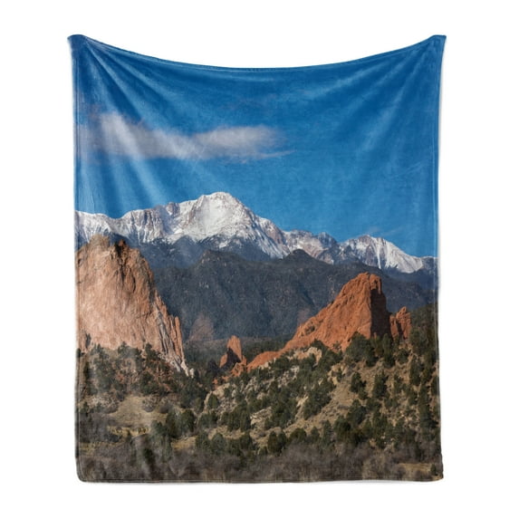 Denver Soft Flannel Fleece Blanket, Real Life Photo of Colorado Red Rock Landscape Scenery Mountain High, Cozy Plush for Indoor and Outdoor Use, 50" x 60", Blue Evergreen Pale Rust, by Ambesonne