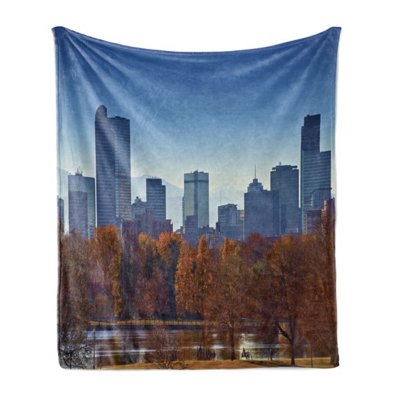 Denver Soft Flannel Fleece Throw Blanket, City Skyline Urban Details Buildings and Trees American Cities Photo, Cozy Plush for Indoor and Outdoor Use, 70" x 90", Redbrown and Sea Blue, by Ambesonne