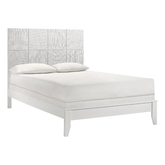 Deny Queen Size Bed w Grid Pattern Headboard- Tapered Front Legs- White