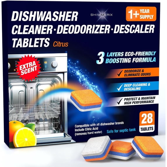 Deodorizer Descaler Tablets - 28 Tabs - 1 Plus Year Supply - Extra Scented Deep Cleaning Sanitizer Pods - Remove Hard Water - Contain Citric Acid Heavy Duty Septic Safe - Citrus