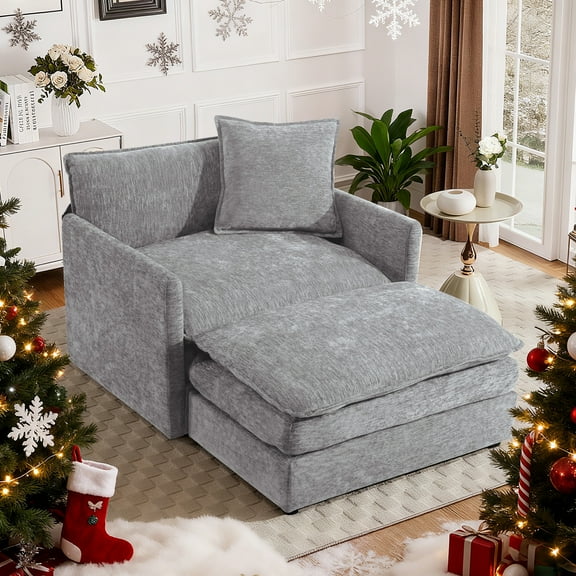 Muumblus Oversized Lounge Chair with Ottoman, Plush Cloud Accent Armchair for Living Room, Bedroom, Gray Chenille