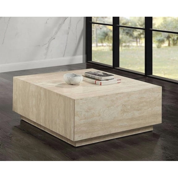 Deon Beige Travertine Square Coffee & End Table with Fixed Top