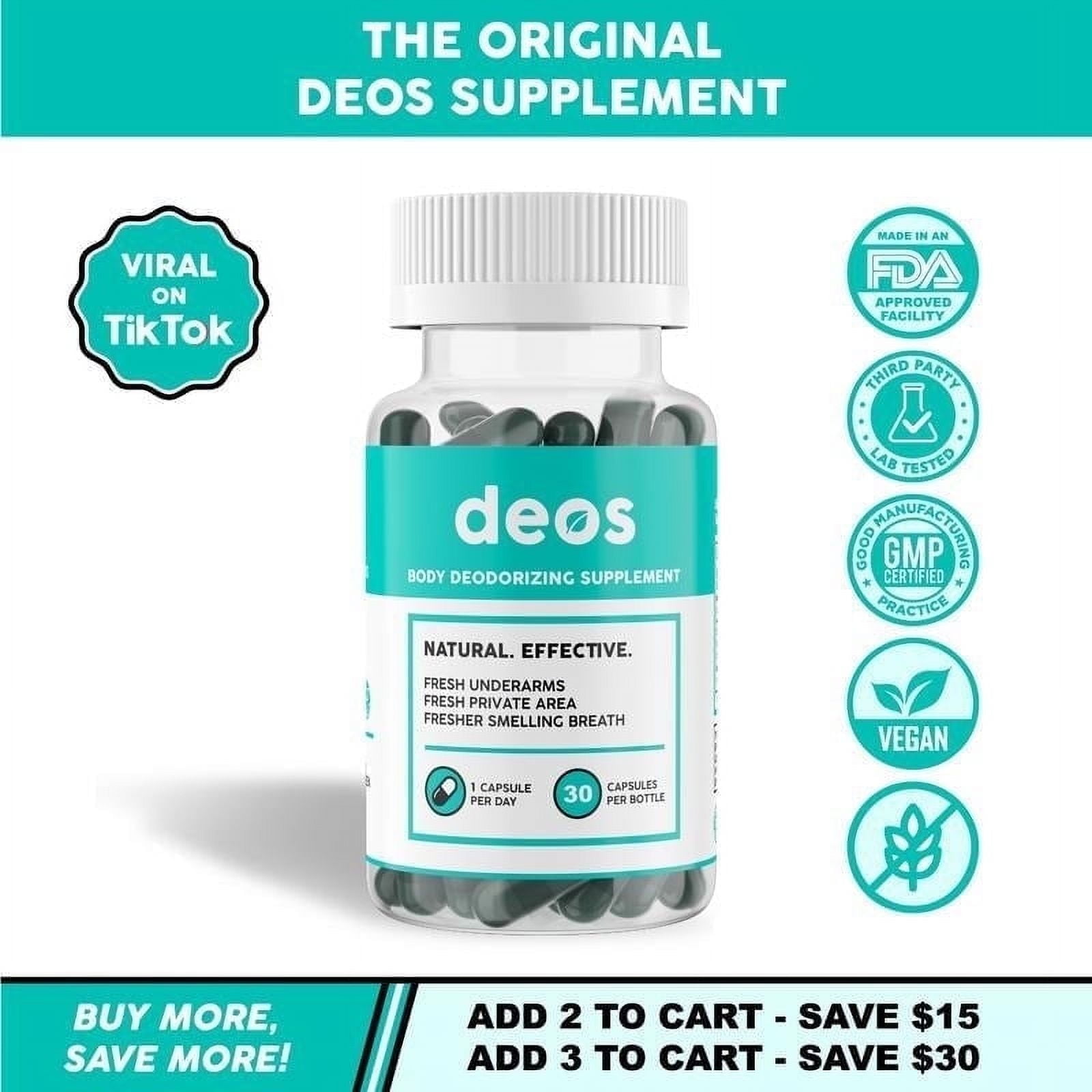 Deos Healthy Body Deodorizing Supplement with Chlorophyll Capsules | Pills for Body Odor Control, 30 Count
