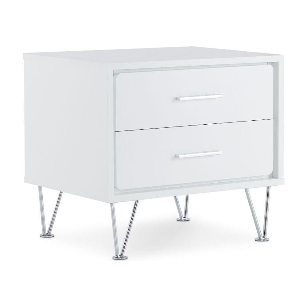 White and Chrome 2-Drawer Nightstand with V-Shaped Metal Legs