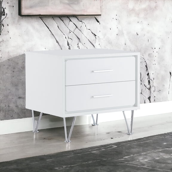 Deoss White Finish Accent Table Rectangular Night Table with 2 Drawers, MDF & Metal Construction
