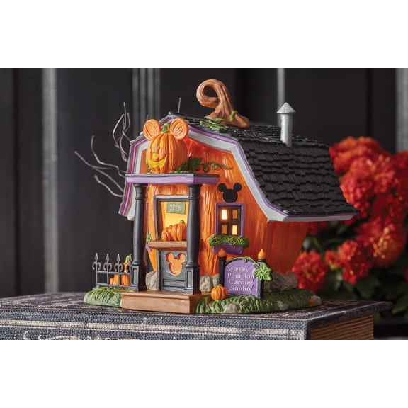 Department 56 Disney Village Pumpkintown Carving Studio Halloween Village Multicolor Figurine 5.5in H