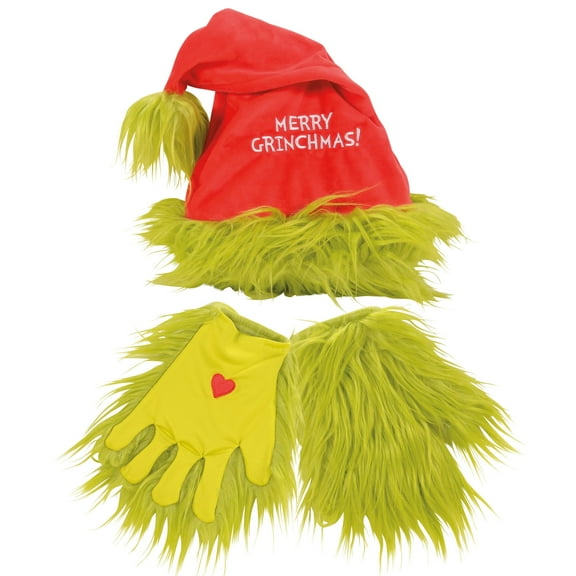 Department 56 Grinch Santa Hat & Gloves Polyester Set, One Size Fits Most