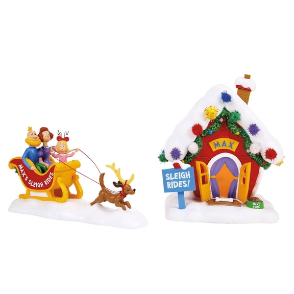 Department 56 Grinch Village Max's Sleigh Rides Christmas Lit Building Figurine Set, 2 Pieces 6in H