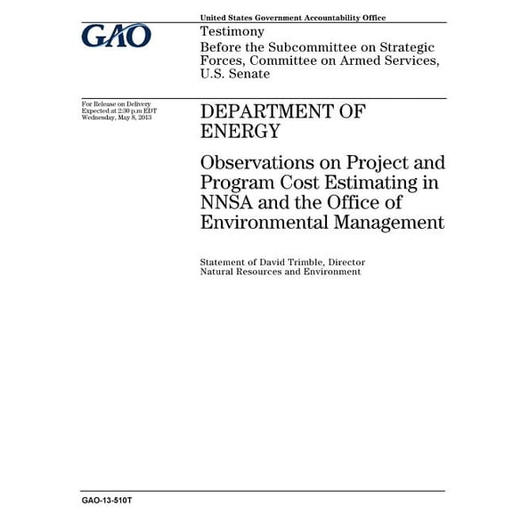 Department of Energy : Observations on Project and Program Cost Estimating in Nnsa and the Office of Environmental Management: Testimony Before the Subcommittee on Strategic Forces, Committee on Armed Services, U.S. Senate