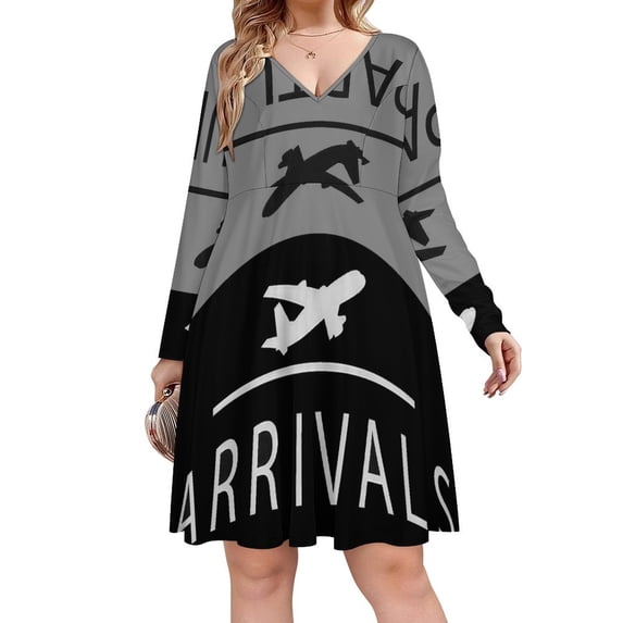 Departure And Arrivals (Gray) Designed Long Sleeve Dresses For Women Vintage Elegant Party Dress Oversized V-neck Dress S-8XL