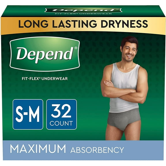 Depend FIT-FLEX Incontinence Underwear for Men, Maximum Absorbency, Disposable, Small/Medium, Grey, 32 Count