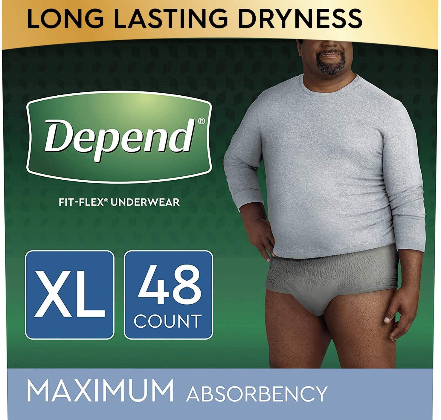 Depend FIT-FLEX Incontinence Underwear for Men, Maximum Absorbency, Disposable, XL, Grey, 48 Count (2 Packs of 24) (Packaging May Vary)