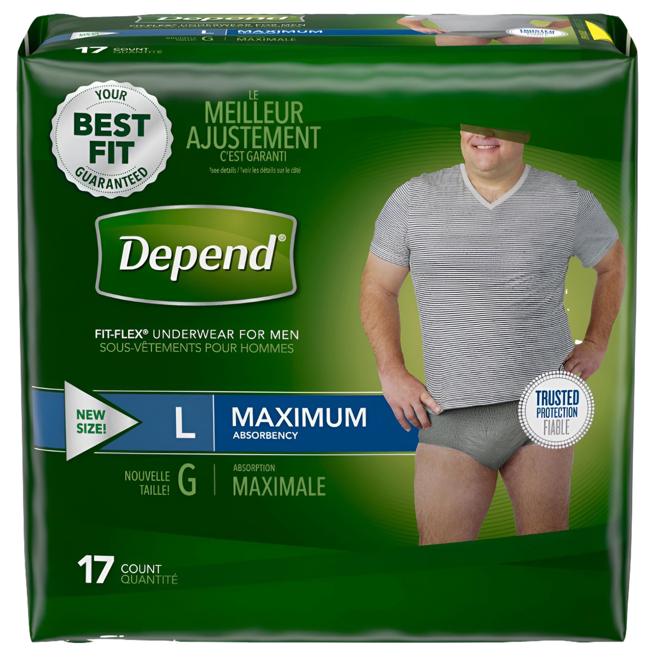 Depend FIT-FLEX Incontinence Underwear for Men, Maximum Absorbency, L, Gray 17 ea