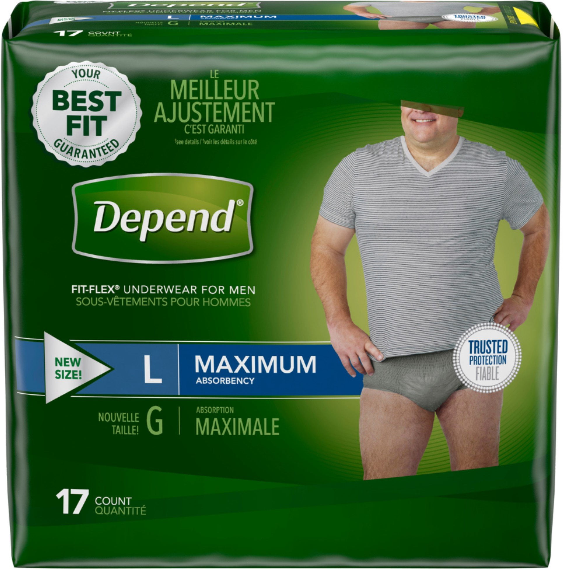 Depend FIT-FLEX Incontinence Underwear for Men, Maximum Absorbency, L,  Gray, 17ct, Case of 8